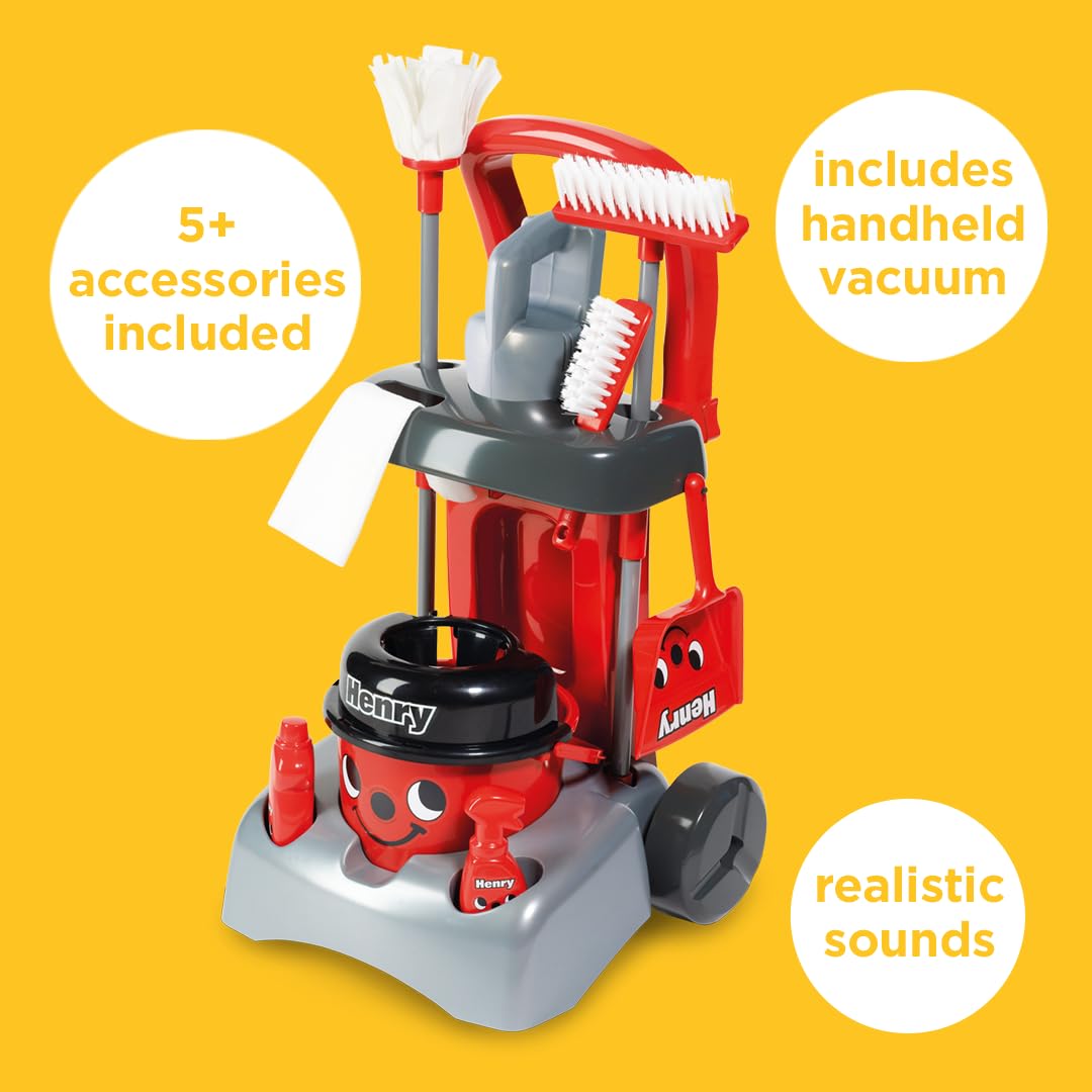 Casdon Henry Deluxe Cleaning Trolley Set - Red Toy Playset with Hand Vacuum - 19.5 x 29 x 48.3 cm - Kids Age 3+