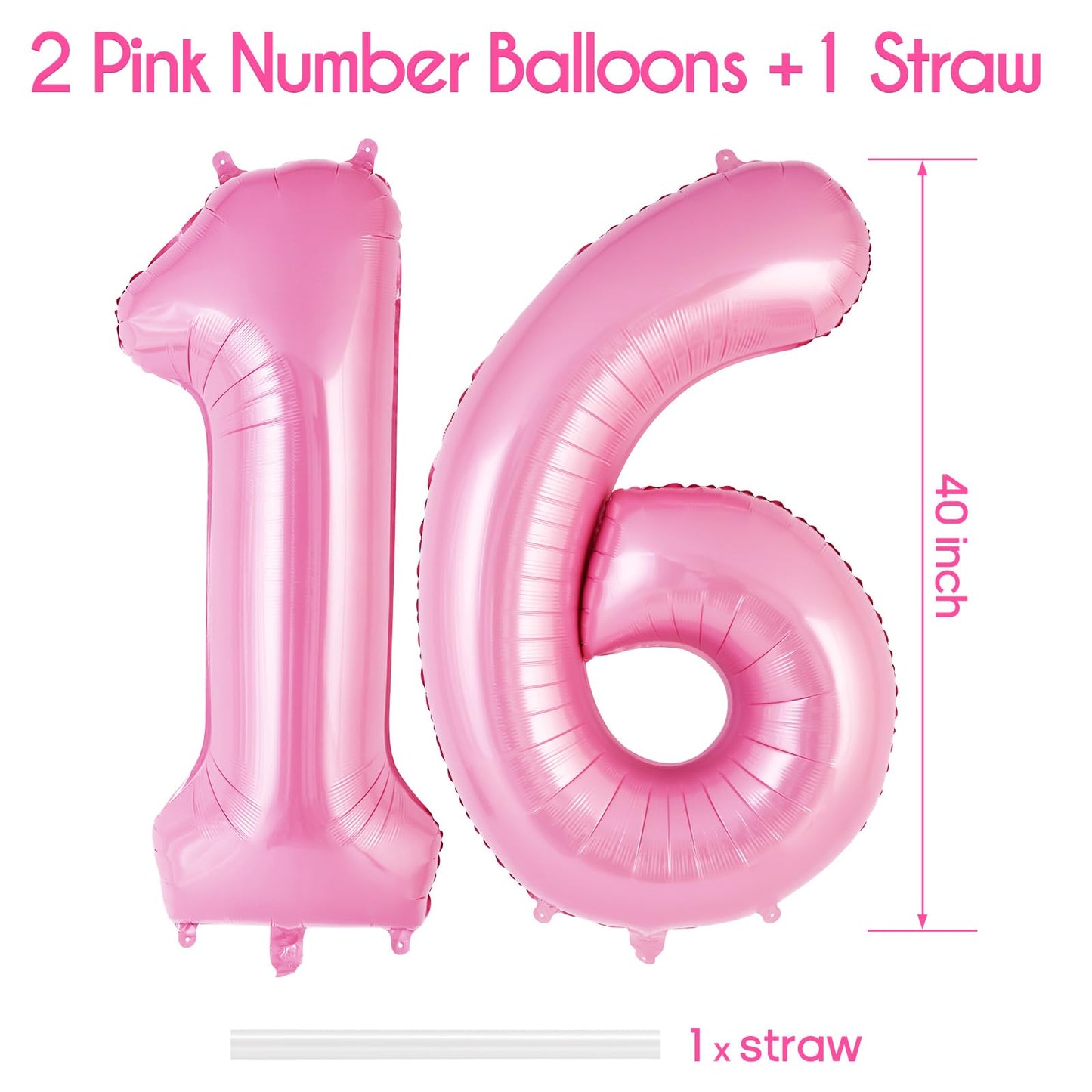 AIQINHU Pink Foil Number 16 Balloon - 40 Inch Giant Mylar Balloon for 16th Birthday Party Decorations