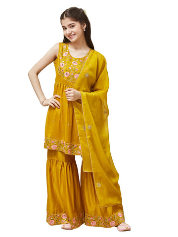Curly Tales Alpha Chinon Embroidered Kurti Sharara Set For Girls | Ethnic Suits For Teens Mustard