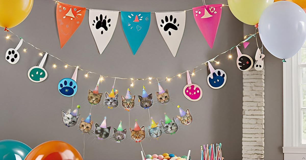 MGJSRNH Cat Happy Birthday Banner - 14 Piece Set, Paper Decor, Bday Cat Theme for Kids' Parties and Baby Showers
