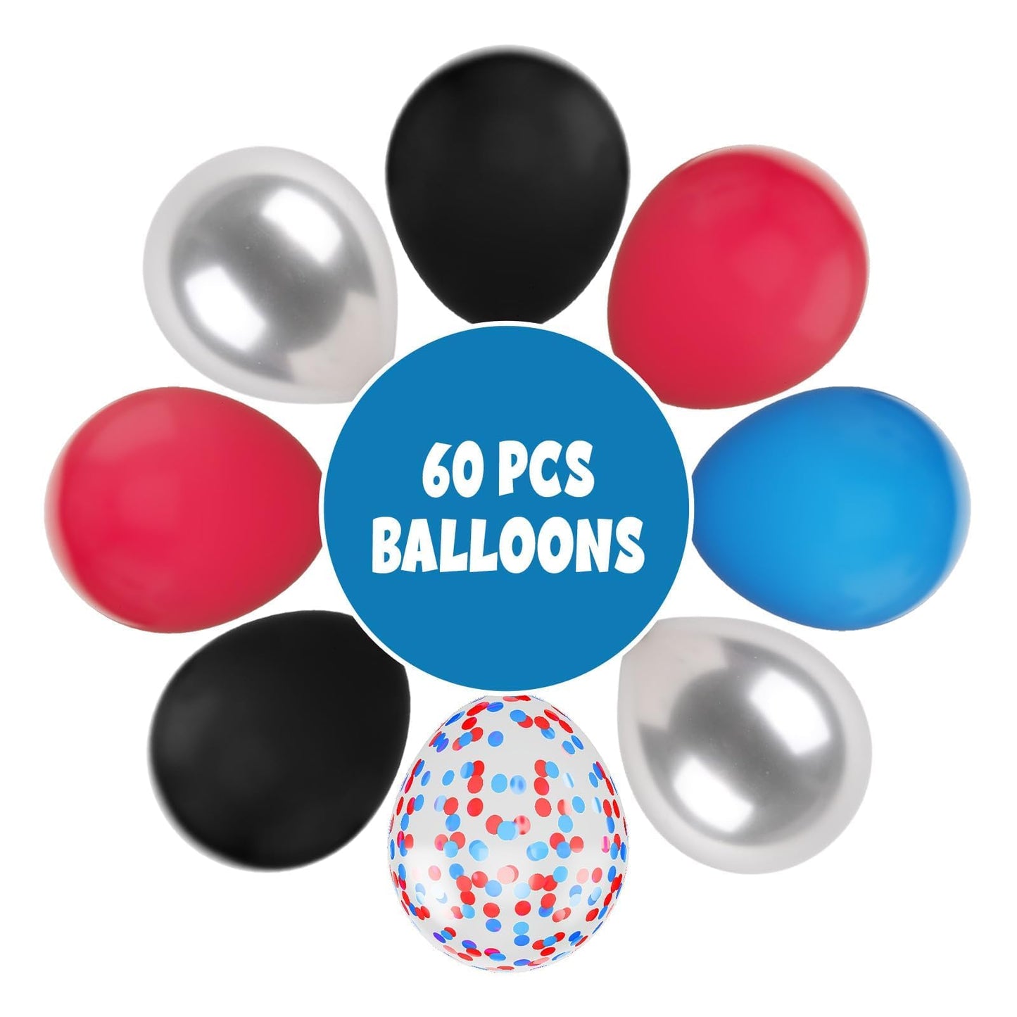Funhot Red And Blue Balloons, 60 Pcs Red Black Blue Balloons, 12 Inch Metallic Silver Latex Balloons Helium Blue Red Confetti Ba