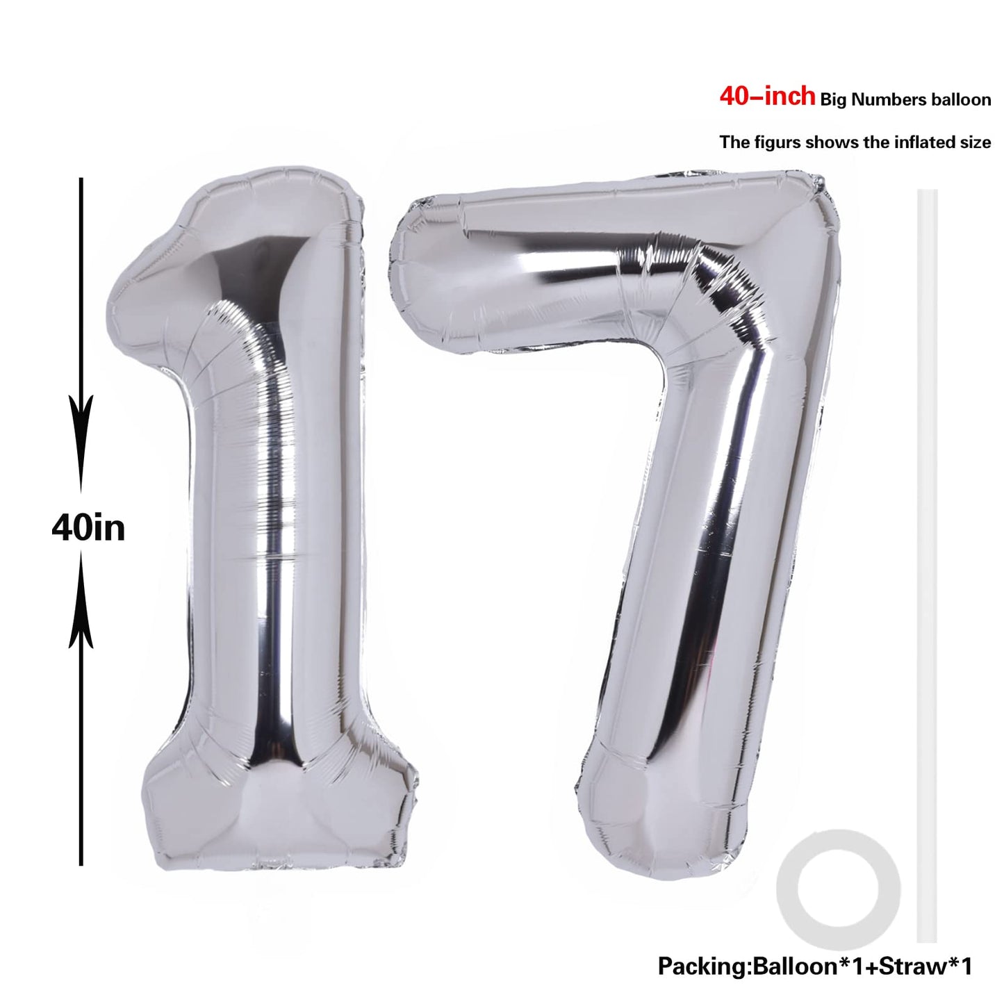 40 Inch Number 17 Balloon Silver Jumbo Giant Big Large Number 17 Foil Mylar Silver Balloons 71Th Birthday Party Anniversary Deco