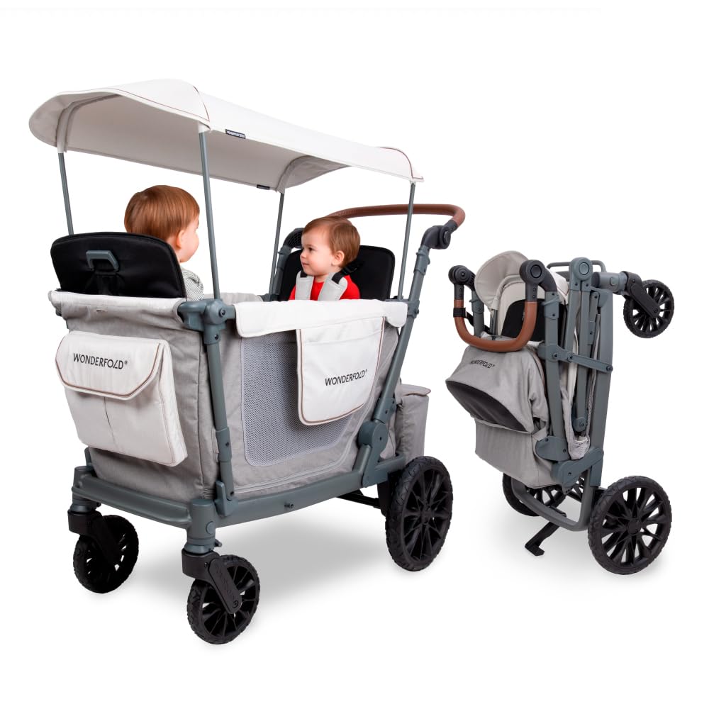 WONDERFOLD L2 Double Stroller Wagon - 2 Seater, Collapsible, Gray, 5-Point Harness, Adjustable UPF50+ Canopy