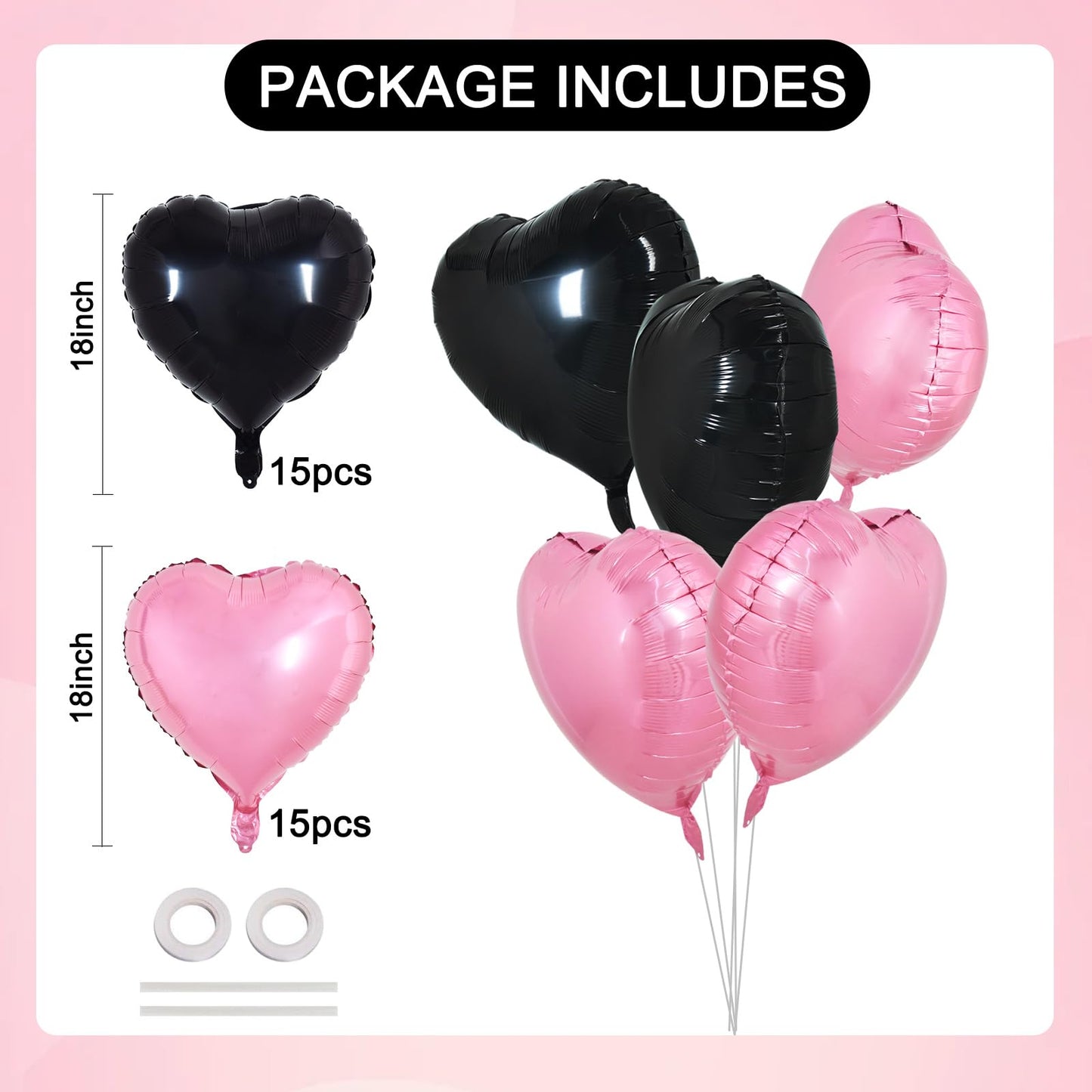 TONIFUL 30Pcs 18 Inch Pink Black Heart Balloons Valentines Day Heart Shape Foil Mylar Balloons Decoration for Romantic Valentine