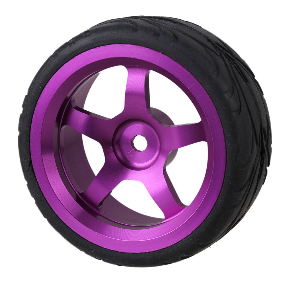 Mxfans Black Scale Pattern Rubber Tyre and Purple Alloy Wheel Rims with 5 Spoke for RC 1:10 On-Road Racing Car Pack of 4