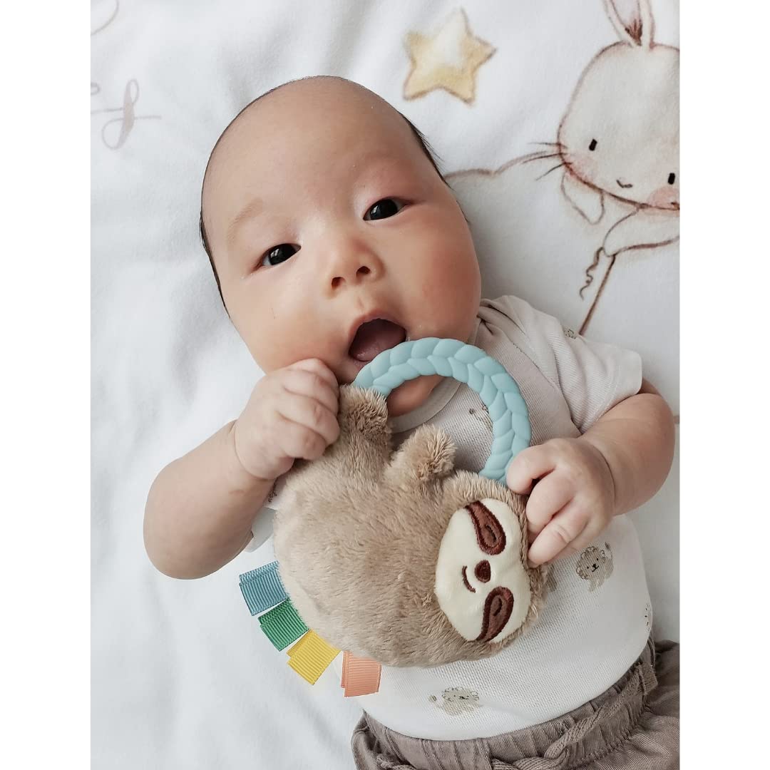Itzy Ritzy - Ritzy Rattle Pal With Teether - Baby Teething Toy Features A Minky Plush Character, Gentle Rattle Sound & Soft Teether Toy For Newborn (Sloth)