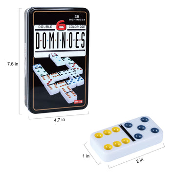 Offelec Double Six Dominoes, 28 Tile Colored Dots Domino Game Set With Tin Box, Classic Family Board Games For Kids, Adults And