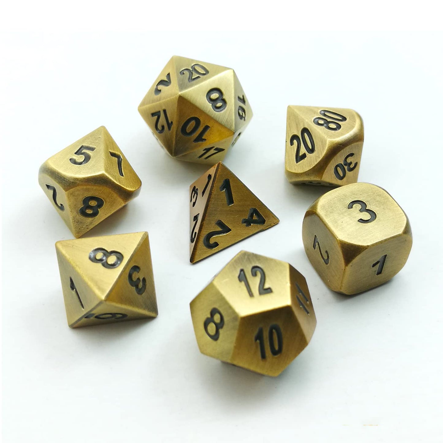 Bescon Brass Solid Metal Polyhedral D&D Dice Set of 7 Copper Metal RPG Role Playing Game Dice 7pcs Set