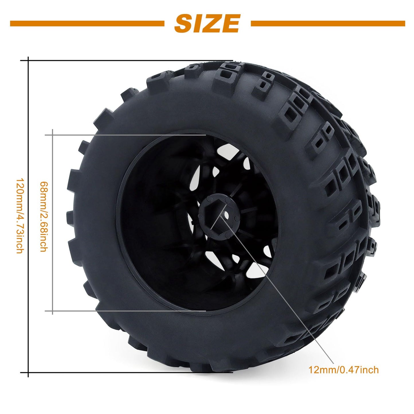 Surpass Hobby 1/10 Monster Truck Tires & Rims, 12mm Hex, Rubber, 2 Pack, Renzi Color