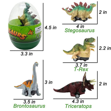 Easter Egg Prefilled with Dinosaur Pull Back Cars Toys, 4 Pcs Jumbo T-Rex Triceratops Dino for Basket Stuffers, Party Favors, Gi