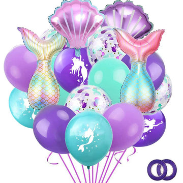 Morofme 22Pcs Mermaid Theme Balloons Mermaid Tail Balloon Sea Shells Confetti Latex Balloons Purple Teal Balloon Helium Foil Ocean Decorations For Girls Ocean Under The Sea Theme Party