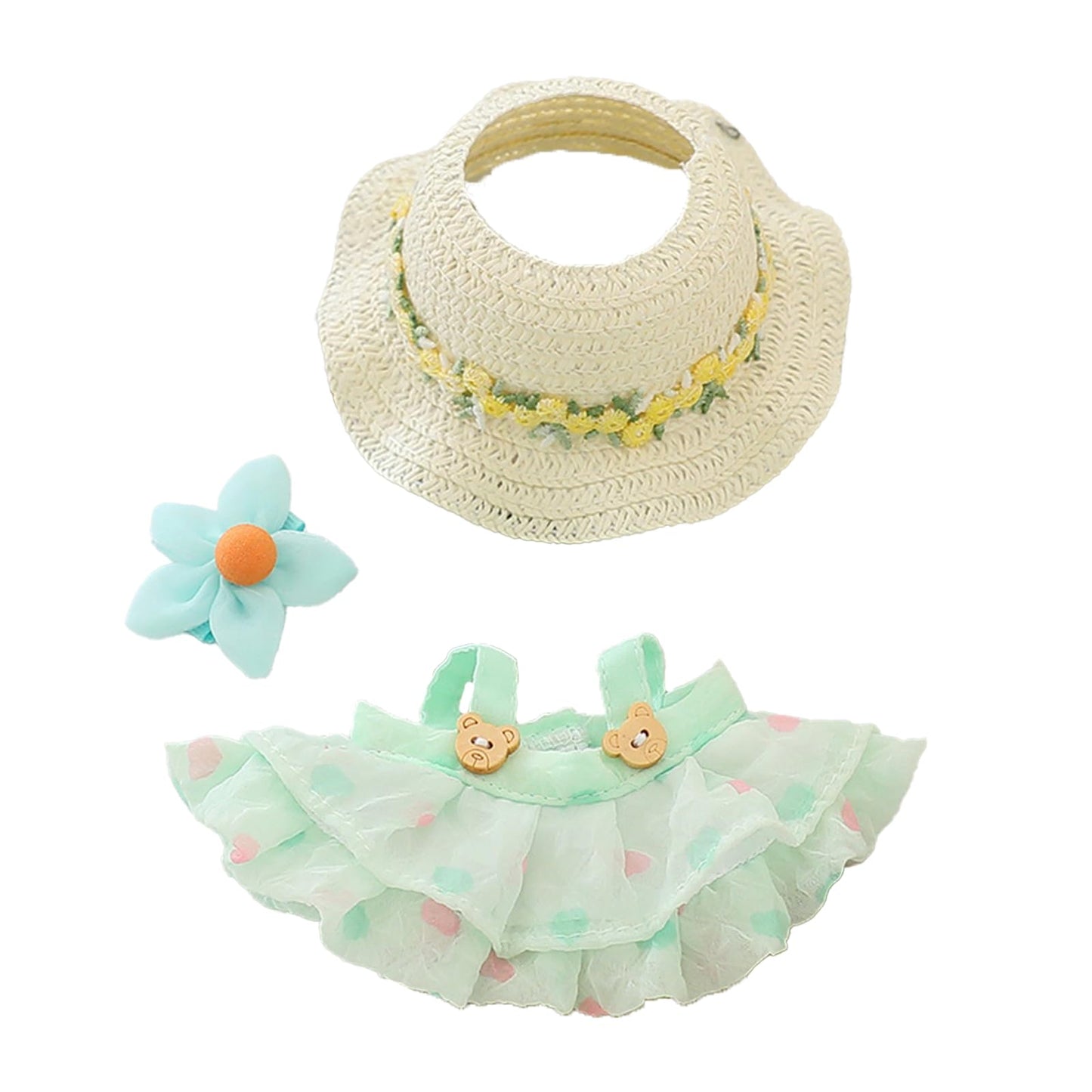 LYBHYQTII Doll Clothes for 17cm Dolls  enhanced Handmade Cute Doll Dress 3 Piece Set Including a Weaving Hat  Clothes and Flower Clip with High-End Dolls Accessories for Play & Display - Green