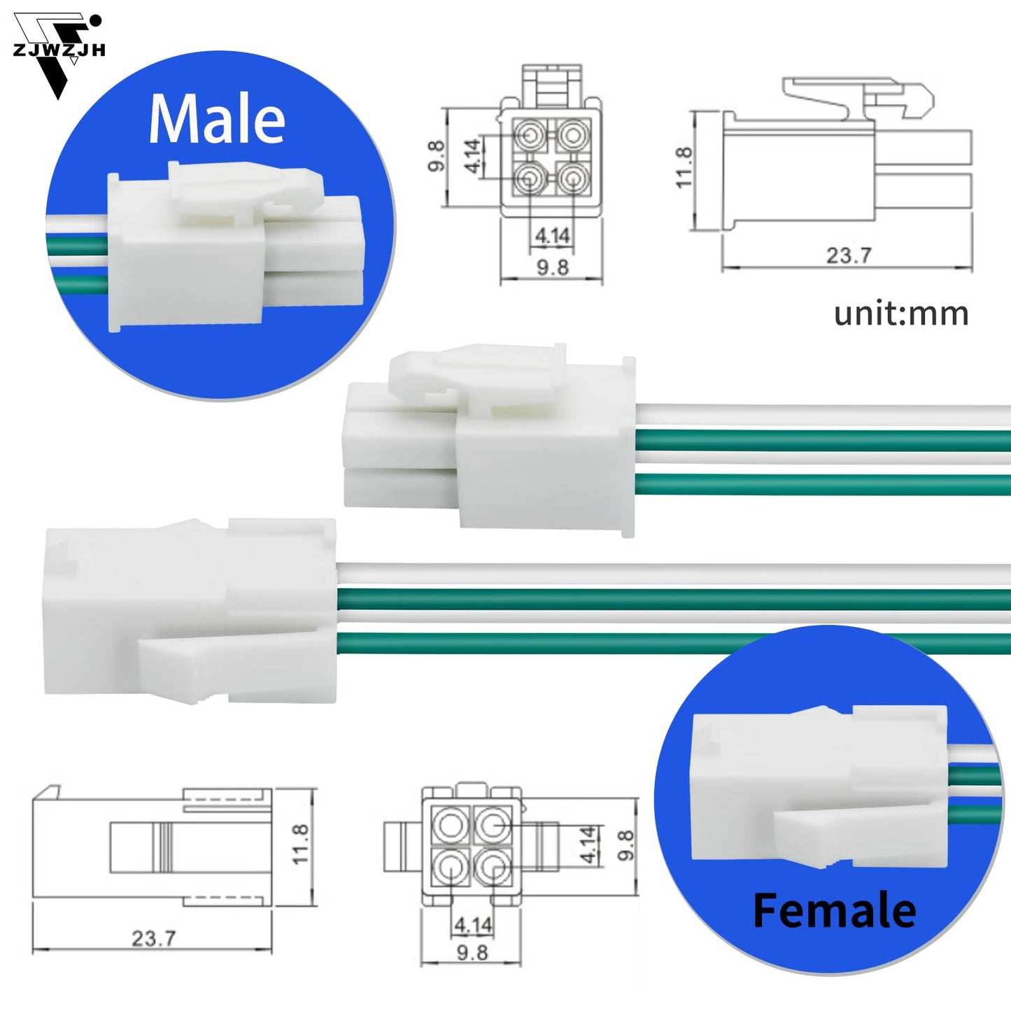 Zjwzjh 3 Pairs 4-Pin Connector Lot, Servo Extension Cable Wire Fl4.14Mm Pitch, (4-Circuits) 4 Pin Connector Wire, 20 Awg Wire Co