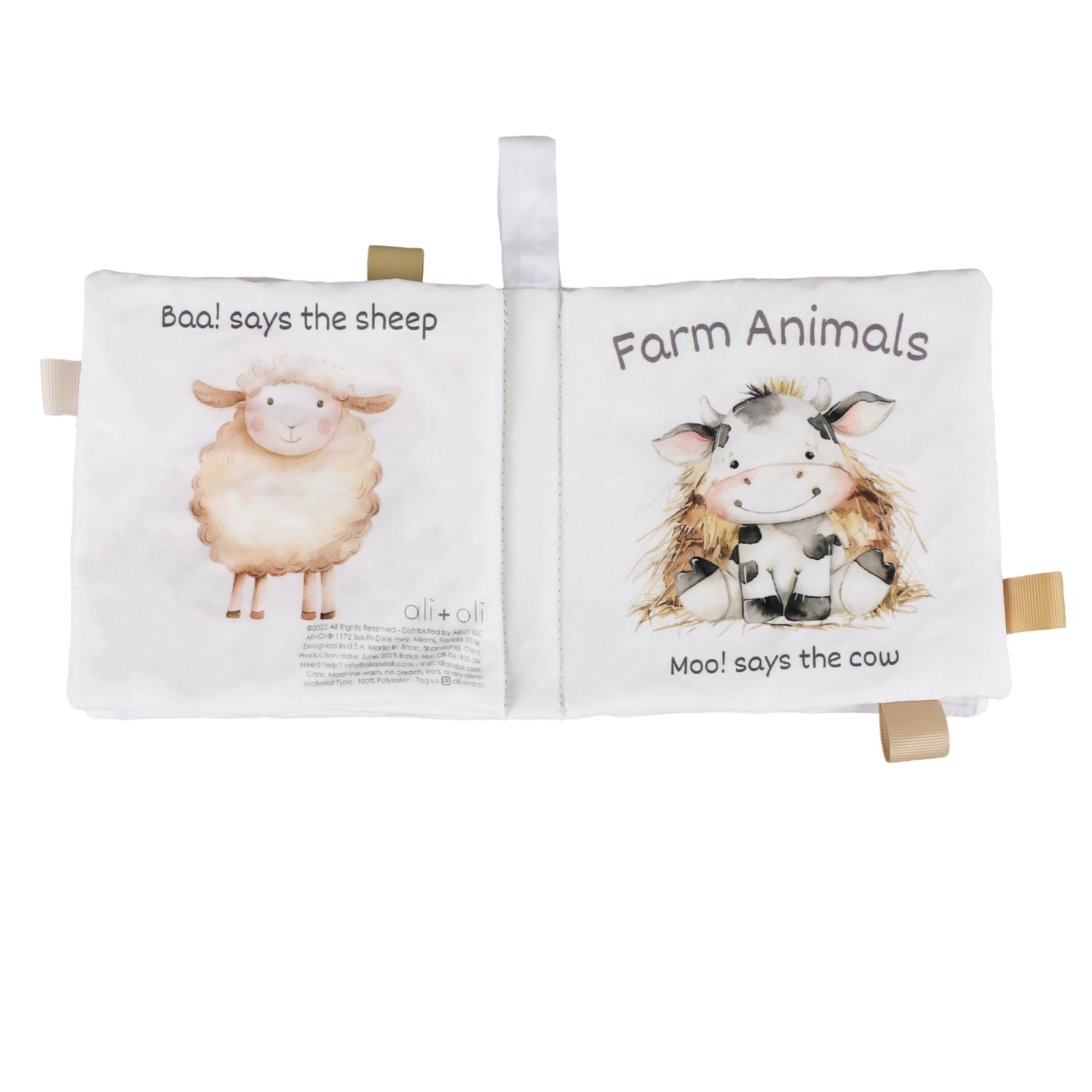 Ali+Oli Baby Cloth Book - Soft Sensory Crinkle Toy for Infants 0-12 Months - BPA Free Silicone - Colorful Farm Animals