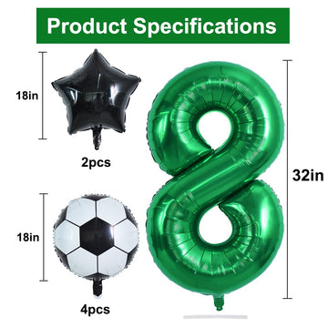 Toniful 32 Inch Soccer Balloons Set 8St Birthday Decoration Green Number 8 Foil Soccer Balloon Black Star Balloons For Children'