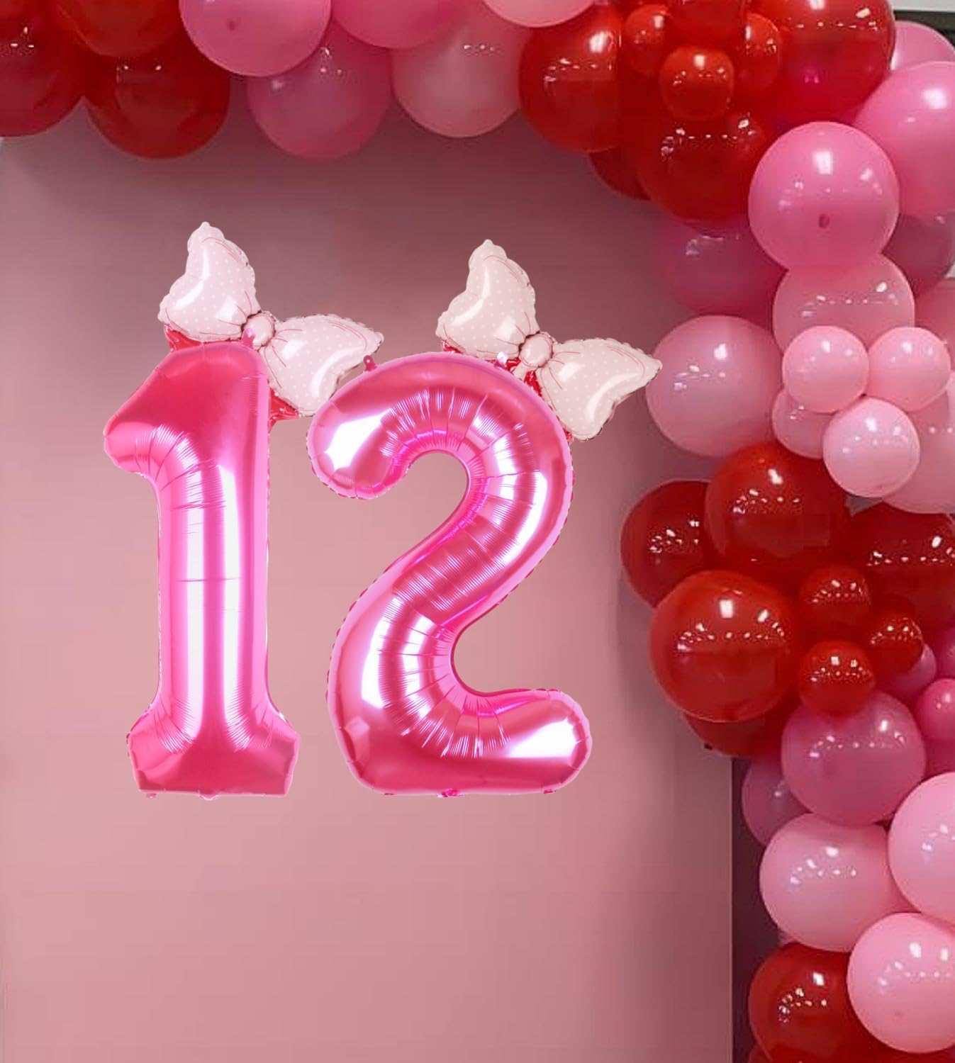 Kwuz 40 Inch Pink Number 12 Balloon with Mini Bow Balloons for Girls 12th Birthday Party Decoration, Pink Princess Western Cowgi