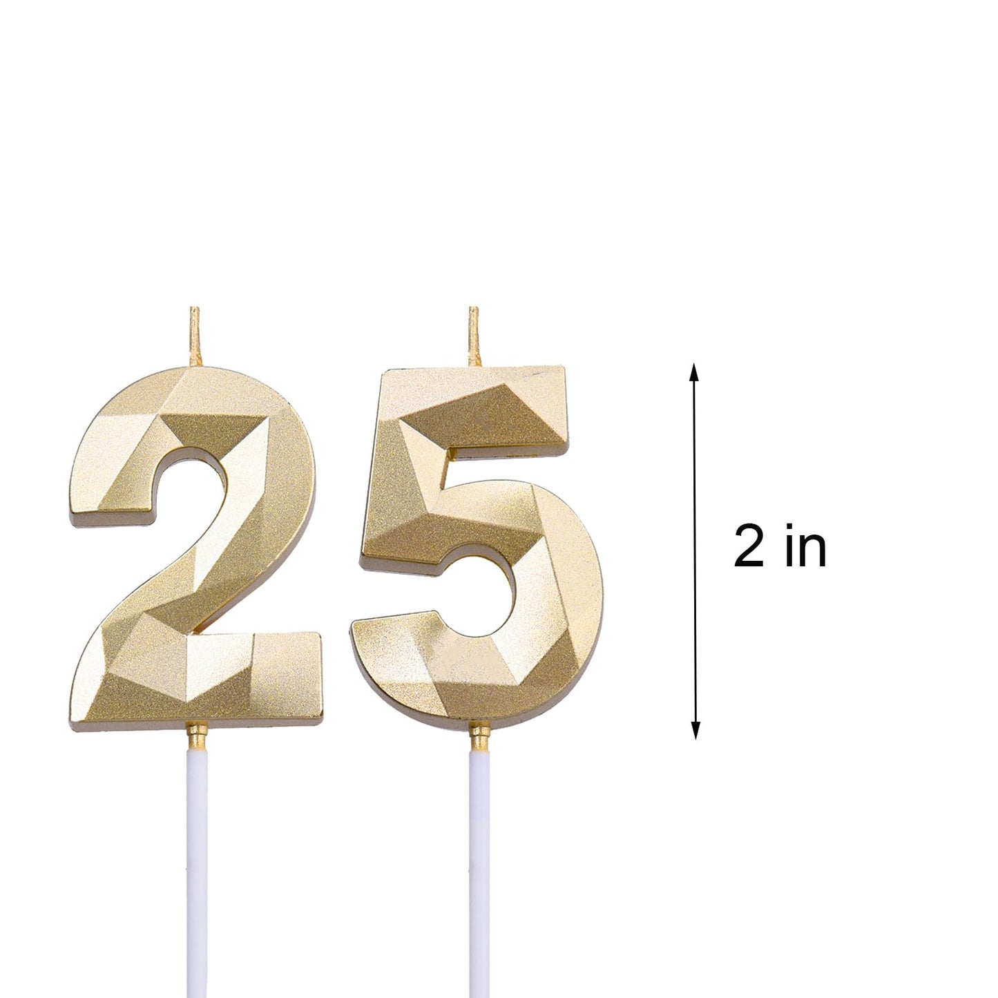 2 inch Gold 25 & 52 Birthday Candles, 3D Diamond Number 25th & 52nd Cake Topper for Men Women Birthday Party Decorations Theme P