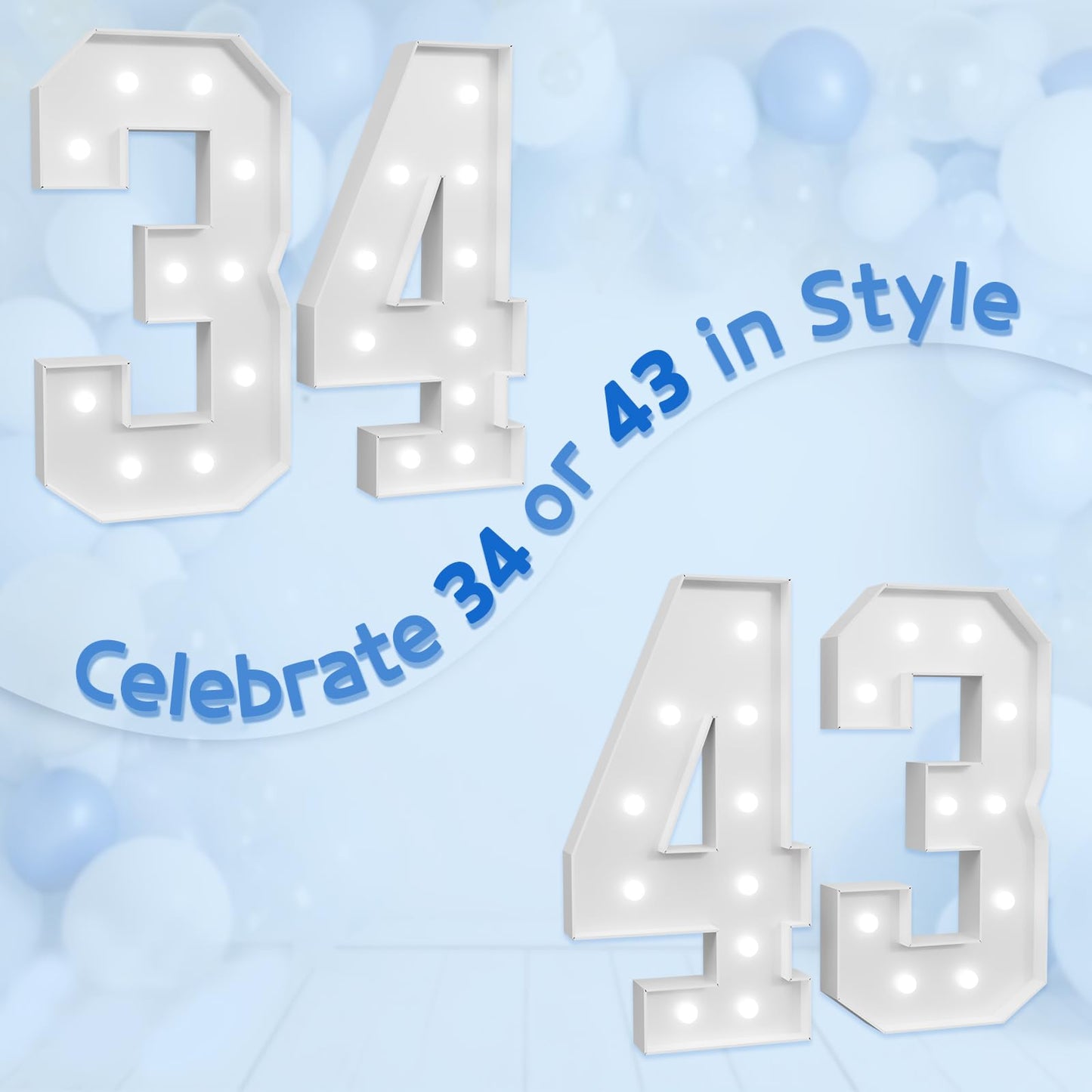 Imprsv Marquee Numbers Large 34Th-Birthday Decorations: 4Ft Light Up Number Party Decor 34 Year Old 43Rd Birthday Decoration Bac