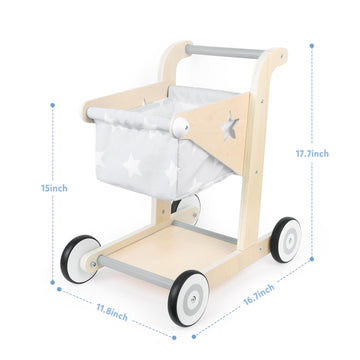Asweets Wooden Baby Walker & Doll Stroller, Grey, Medium, Model ACBW-2, Push & Pull Learning Toy for Boys & Girls