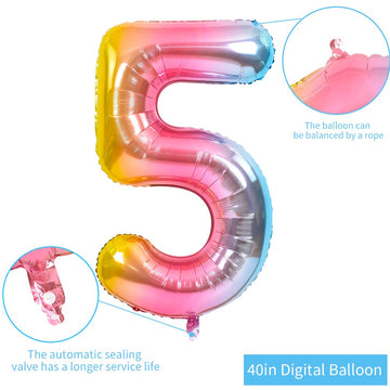Toniful 40 Inch Rainbow Large Numbers Balloons 0-9, Number 5 Digital 5 Helium Balloons, Foil Mylar Big Number Balloons For Birth