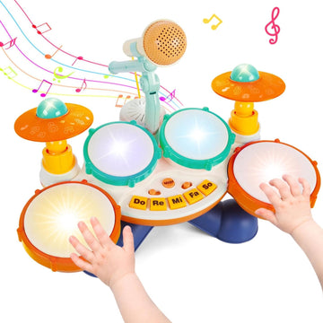Kids Drum Set Baby Drums - Drum Set For Toddlers 1-3, 4 Beats Flash Light Baby Drum With Microphone & Without Drumsticks, Baby D