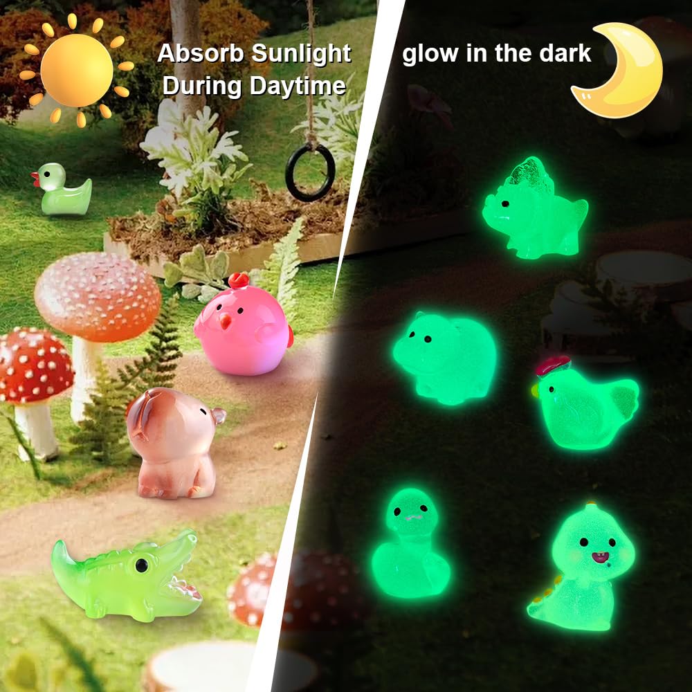Diydec 60Pcs Luminous Mini Resin Animals 60 Styles Miniatures Glow In The Dark Tiny Little Figures To Hide Small Duck Figures Fo