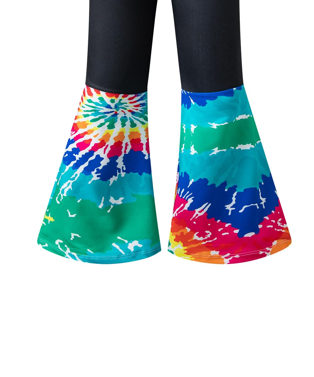 Iwalue 60S 70S Outfits Hippie Kid Girls Costume Set Disco Rainbow Boho Flared Pants Accessories Set(Rainbow,11-12 Years)