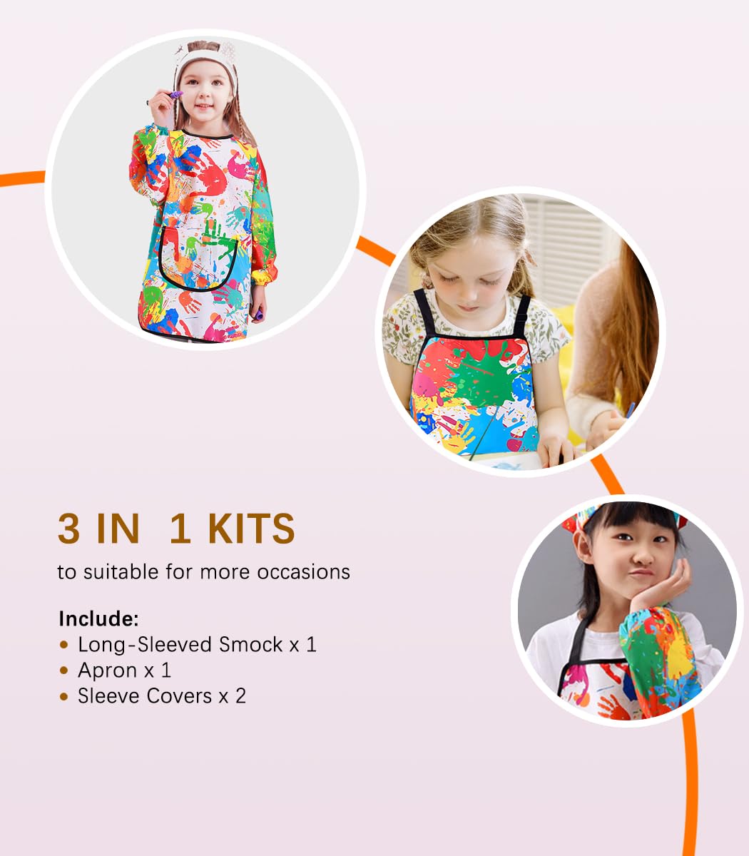 Miniq Kids Art Smock And Painting Apron Kit,Waterproof Artist Smocks With Pocket Long Sleeves And Aprons For Age 5-8