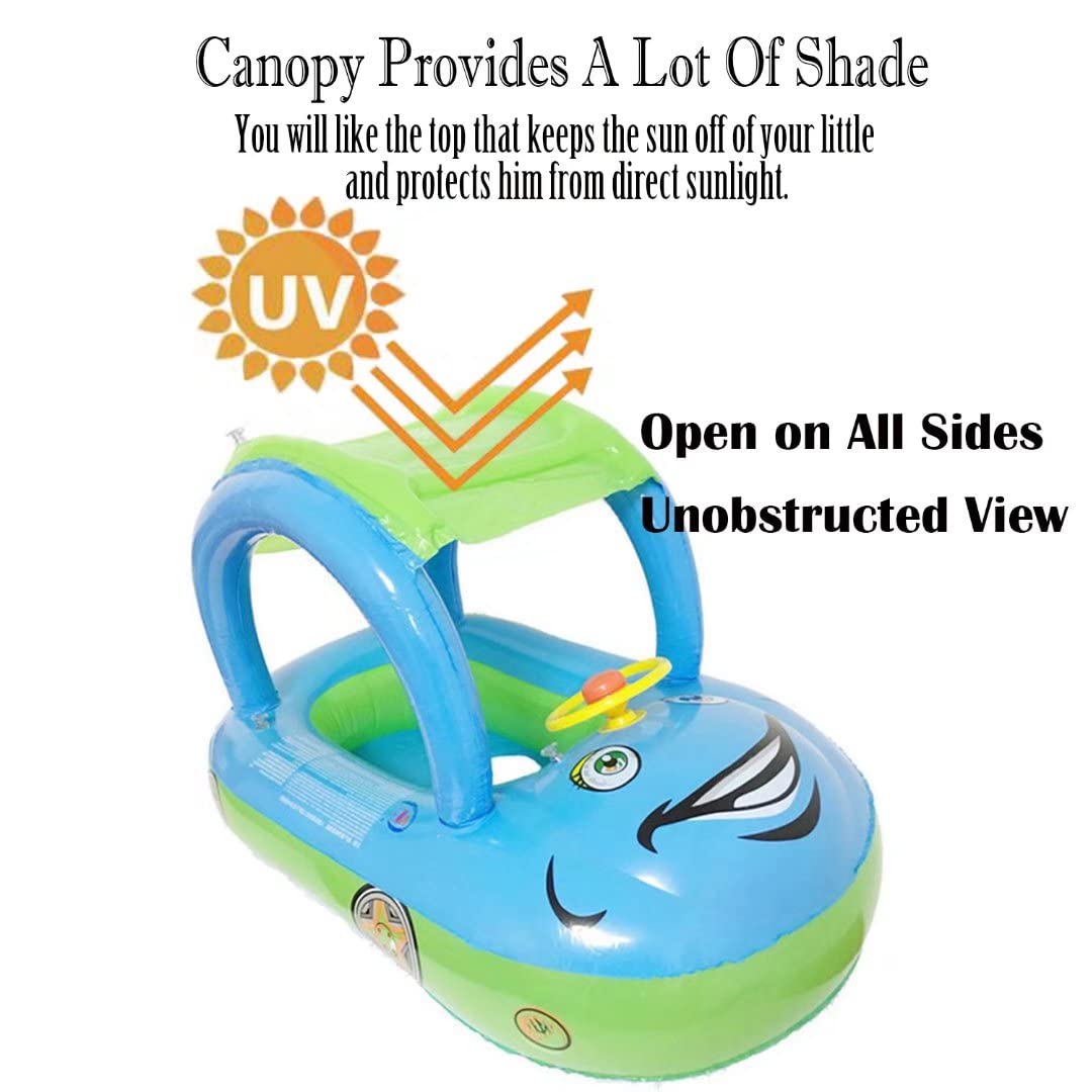 Baby Pool Float With Canopy Summer Steering Wheel Sunshade Swim Ring Car Inflatable Toys Infants Float Seat Boat For Kids Toddlers (Color Blue)