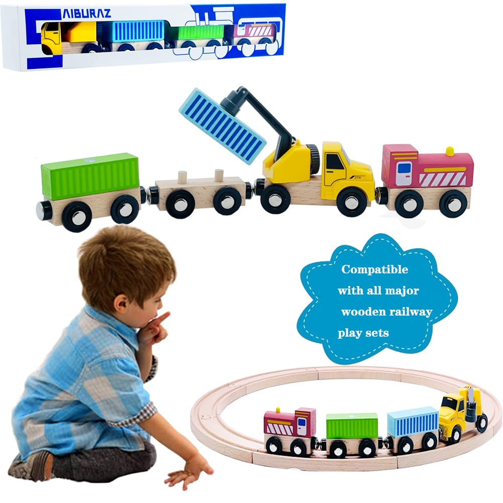 Wooden Trains Cars With Crane Magnetic Train Toys For Wooden Train Tracks Train Sets For Toddlers And Kids Ages 3+ (Crane Train)