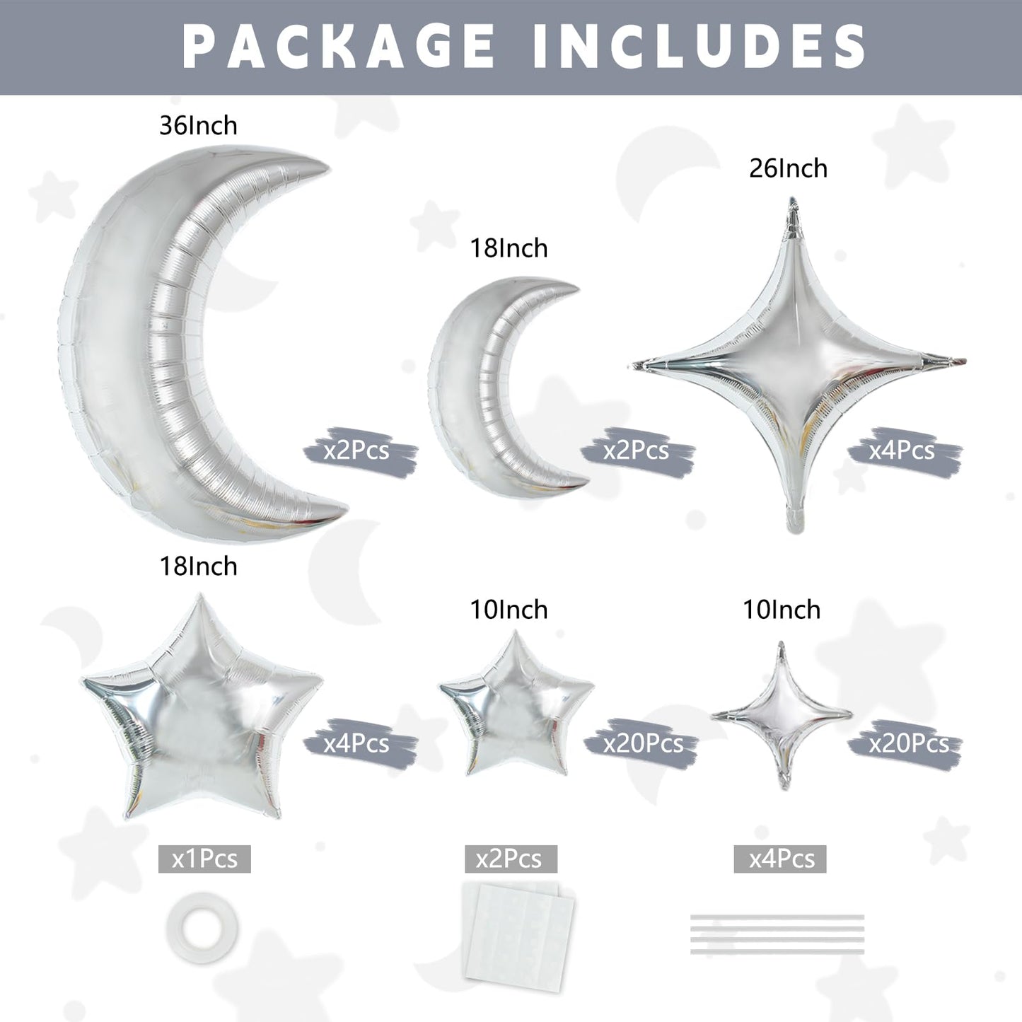 TONIFUL 52pcs Silver Moon & Star Foil Balloons - Large Moon Shape, Star Mylar for Birthday, Wedding, Baby Shower, Anniversary &