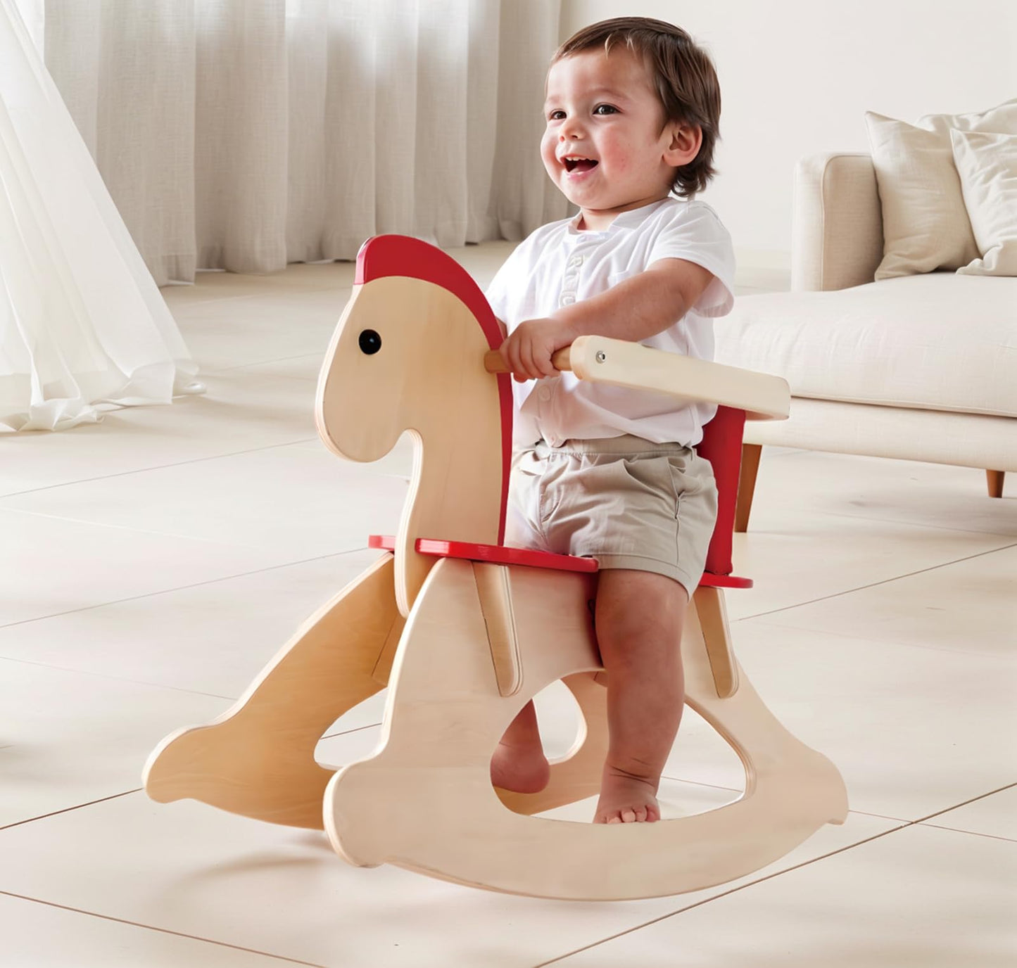 Hape Rock And Ride Kid'S Wooden Rocking Horse, Beige, L: 26.6, W: 11.1, H: 20.6 Inch