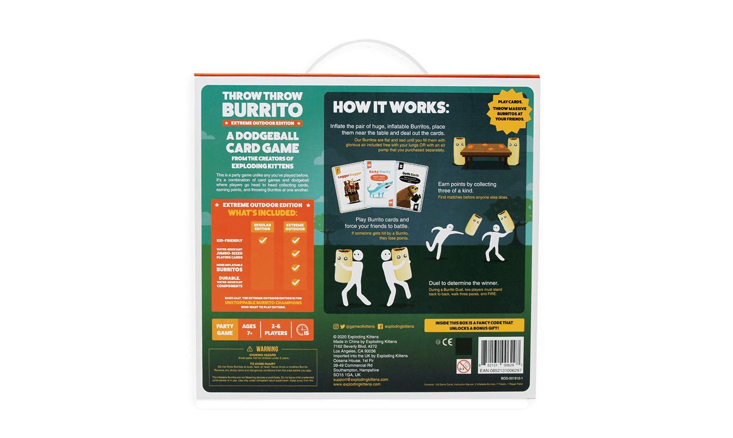 Exploding Kittens Throw Throw Burrito Extreme Outdoor Edition - Family Dodgeball Card Game with 120 Cards & 2 Inflatable Burritos, Multi Color