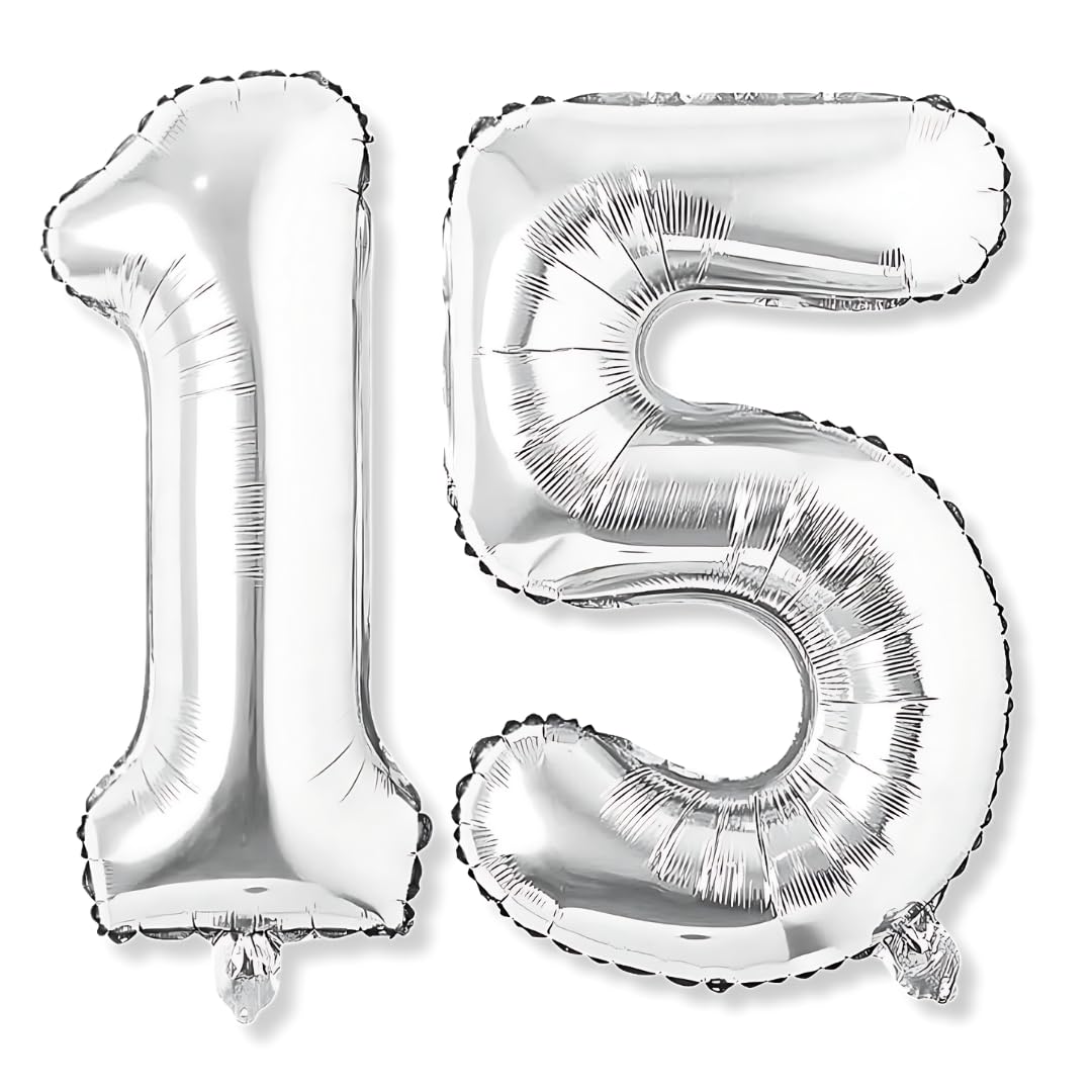 Flyloons 15 number Silver Foil Balloon 16 inch Size Birthday Decoration Items Pack of 2 | 15th Year Balloons | Fifteen
