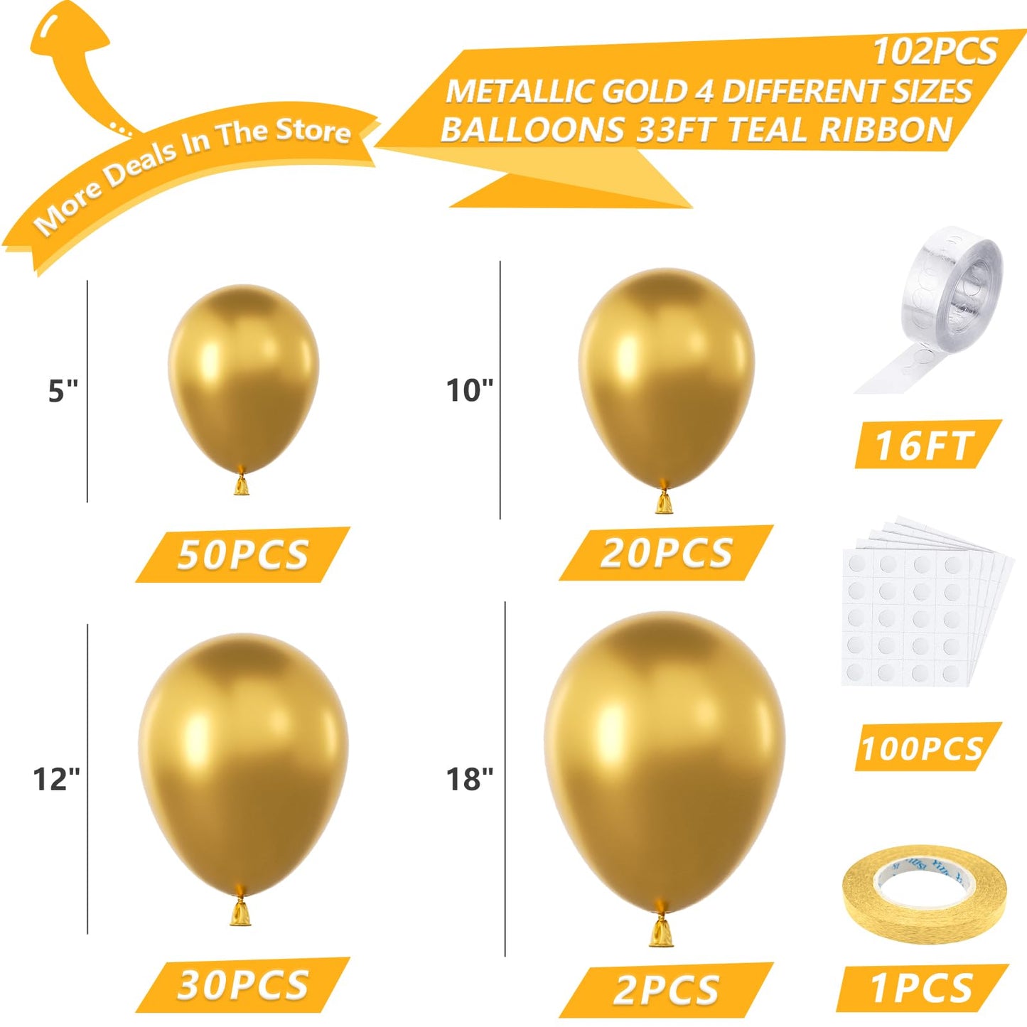 Nisocy Gold Metallic Chrome Latex Balloon Arch Garland Kit, 102Pcs 18In 12In 10In 5In For Festival Picnic, Engagement, Wedding,