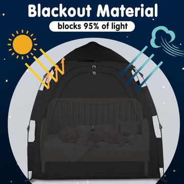 WANRU Blackout Tent for Pack and Play - One-Click Opening, 95% Light Blocking, Black, Breathable Polyester Cover