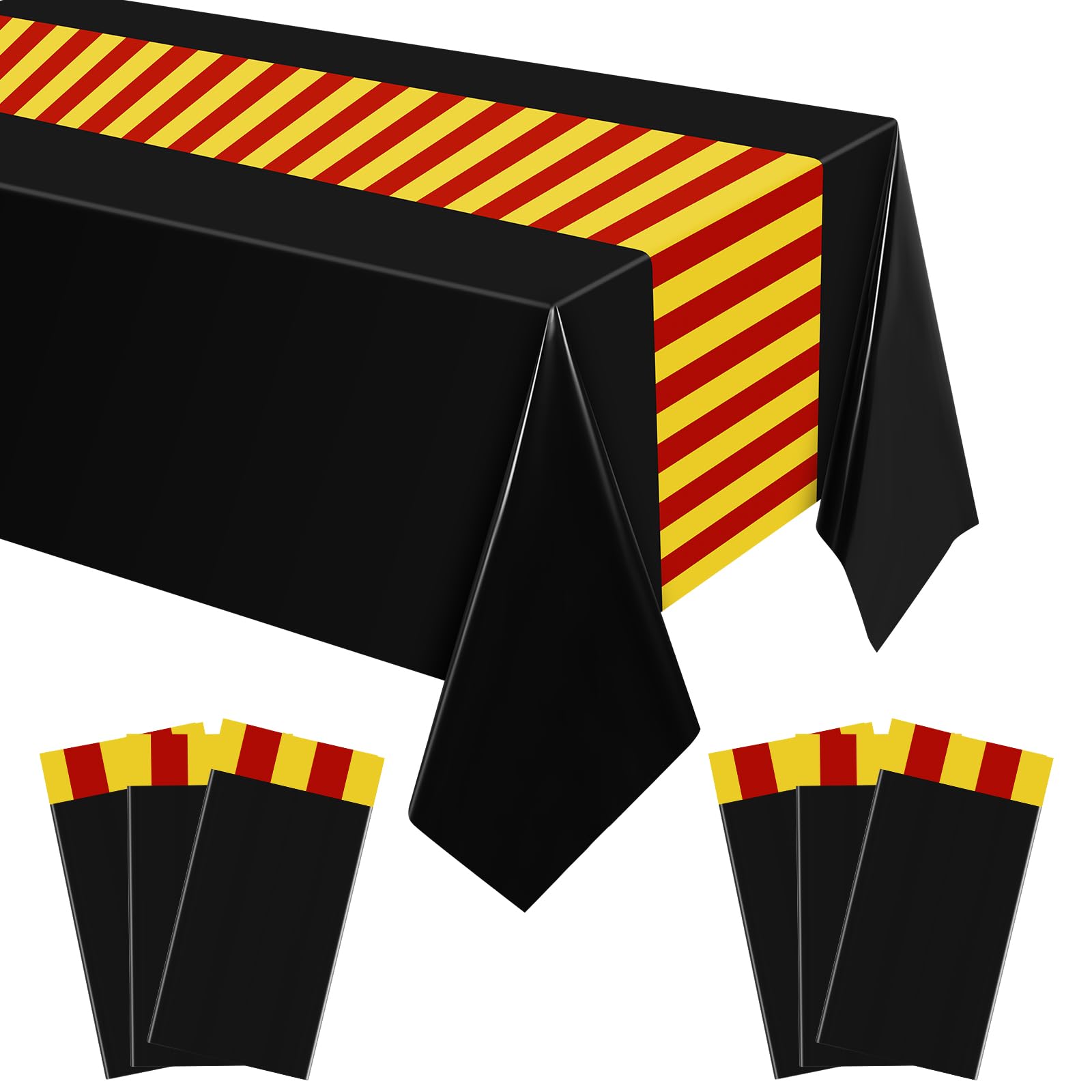 Oudain 6 Pcs Wizard Tablecloth 54 x 108 Inches Plastic Black Table Cover Red Golden Tablecloth Disposable Magical Party Supplies