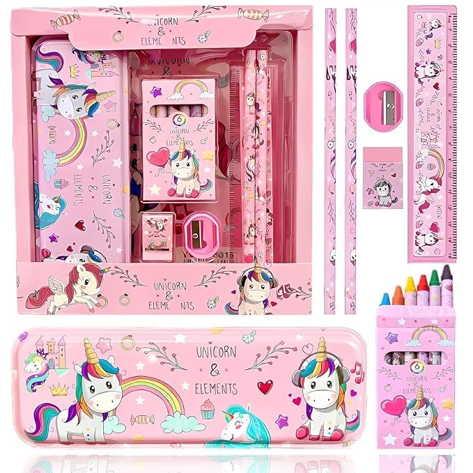 Kobbet Unicorn Stationery Gift Set For Kids Unicorn Pencil Pencil Pouch For Stationery Collection Metal Geometry Box With Notepa