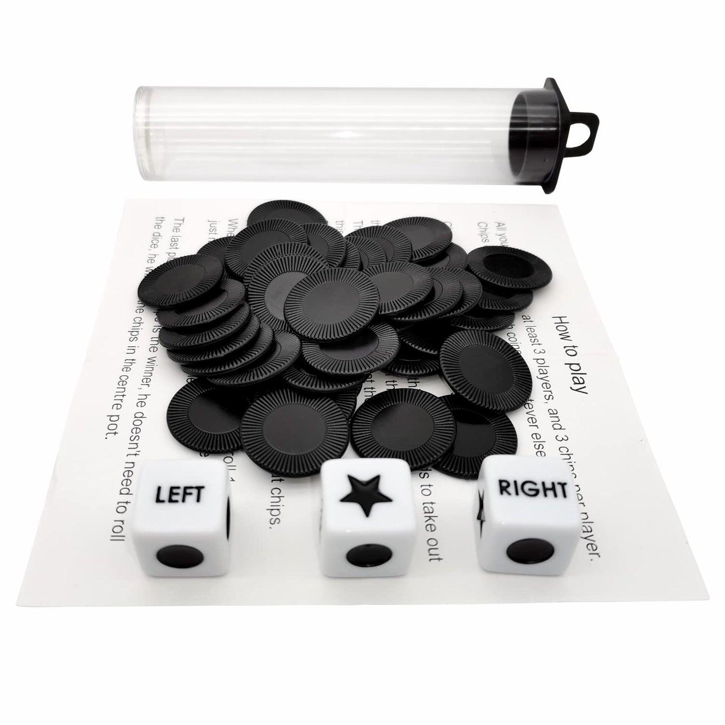 Ahoper Left Right Center Dice Game Prime Set Bundle With 3 Dices + 36 Chips. Round Tube Storage Is Very Convenient For Travel. Easy To Store, Carry Around. (Black)