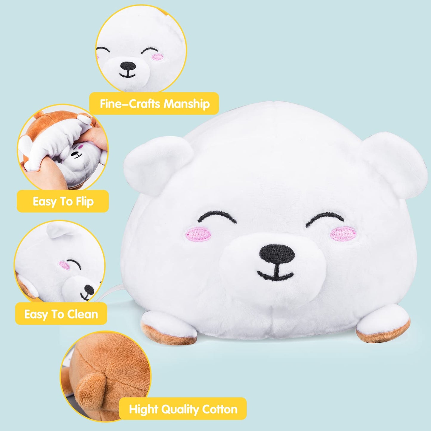 Double-Sided Flip Plush Toy,Reversible Stuffed Animal Mood Plush Flip Show Your Mood At All Times (Bear)