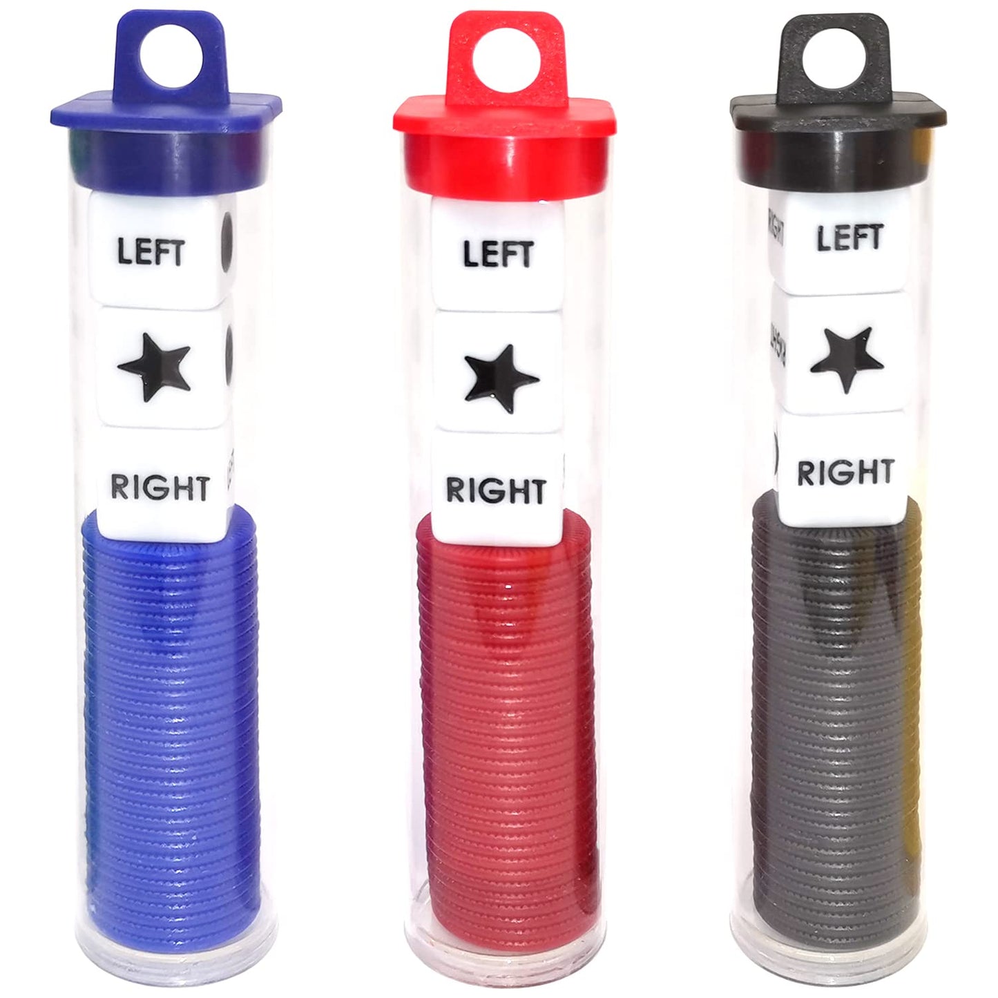Ahoper Left Right Center Dice Game Prime Set Bundle With 3 Dices + 36 Chips. Round Tube Storage Is Very Convenient For Travel. Easy To Store, Carry Around. (3 Pack)