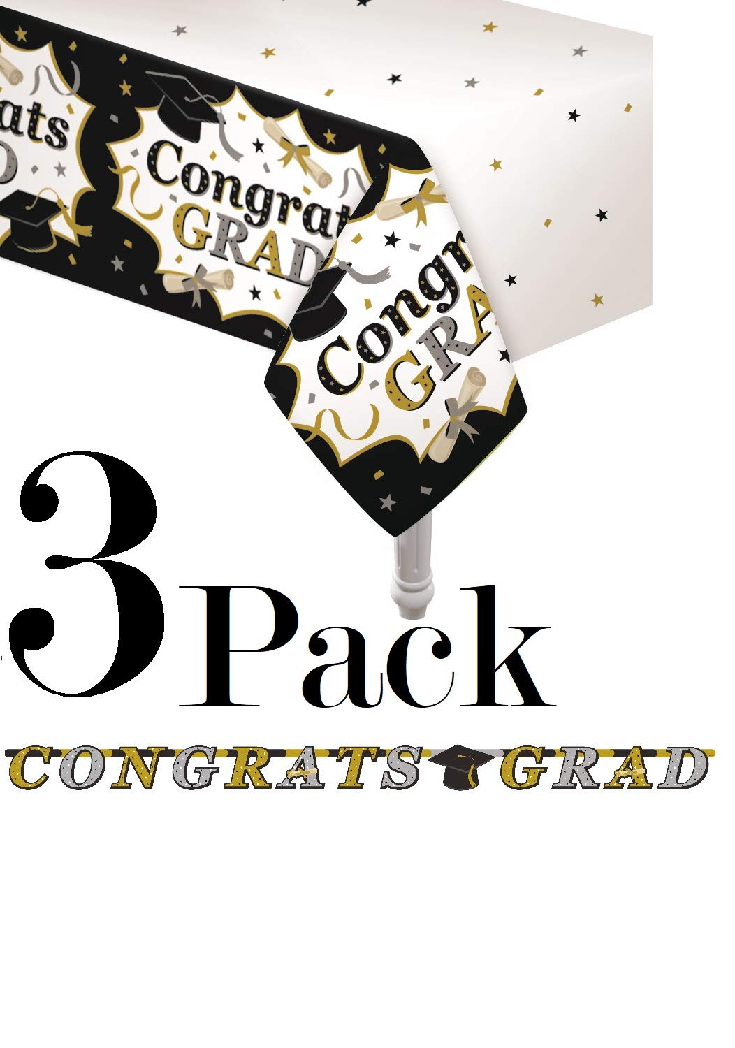 Oojami 3 Pack Black and Gold Graduation Tablecloths with Congrats Grad Banner - 54 x 108 | 2025 Graduation Party Supplies, Large
