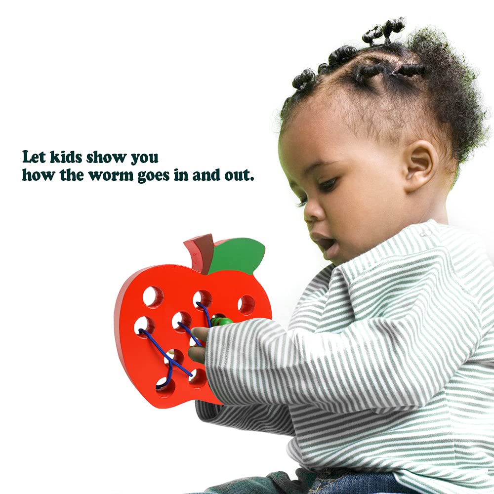 Lacing Toys For Toddlers 1-3,Wooden Threading Apple Baby Travel Toys,Montessori Education Sensory Toys Learning Fine Motor Skills, Wooden Block Puzzle Gifts For 1 2 3 Year Old Baby Kids Boys Girls