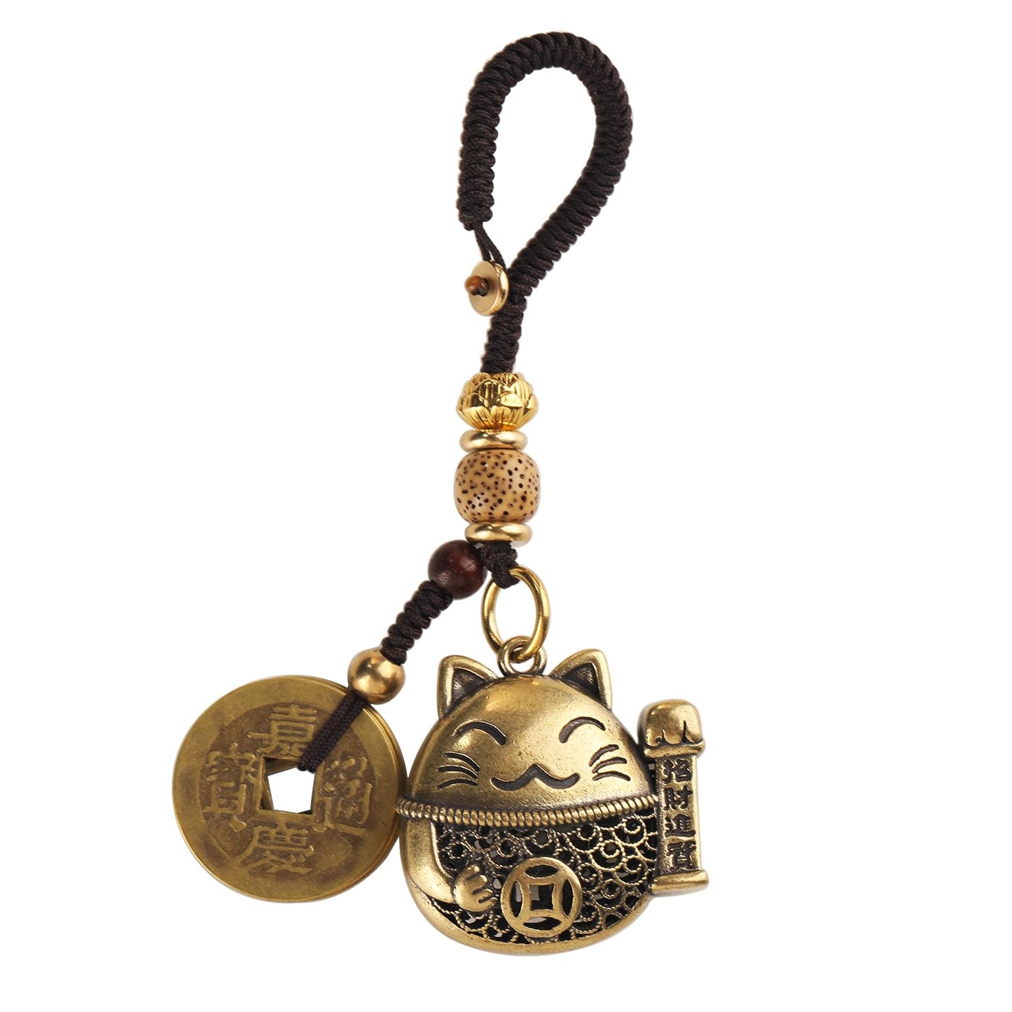 Mansiyuyee Lucky Cat Statue Keychain with Five Emperors Money Feng Shui Coins, Maneki Neko Figure Holding a Streamer Lucky Tasse