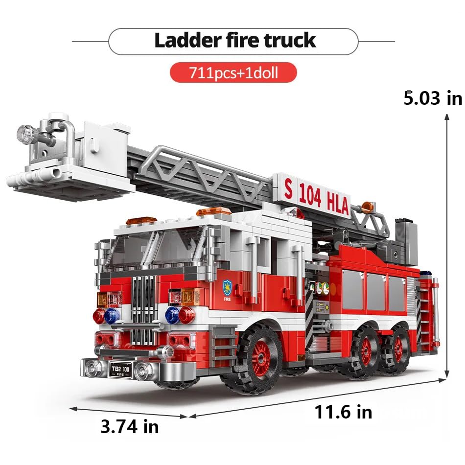 BYWbricks City Ladder Fire Truck Building Blocks Set - 711 pcs, Plastic, 11.6" x 3.74" x 5.03", Model 03031, Gift
