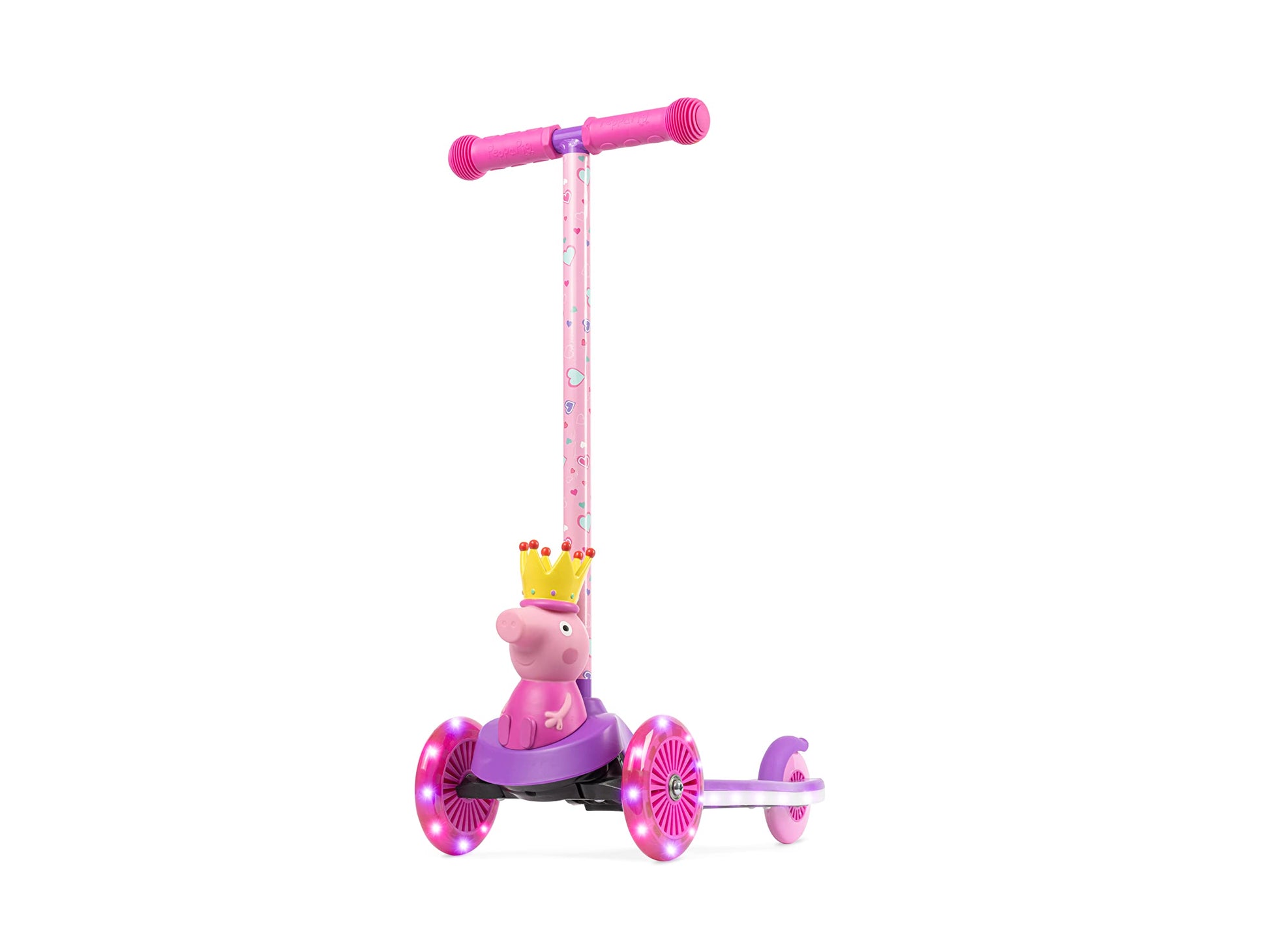 Peppa Pig Kick Scooter For Kids, Self-Balancing 3 Wheeled Light Up Scooter With Extra Wide Anti-Slip Deck, Rear Brake, Lean To S