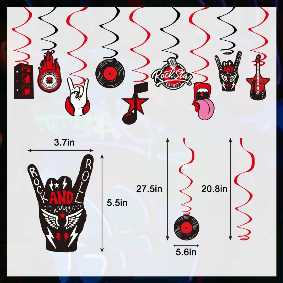 Larrazabal 25Pcs Rock And Roll Party Decorations Include Born To Rock Glitter Banner, Rock And Roll Hanging Swirls And Honeycomb