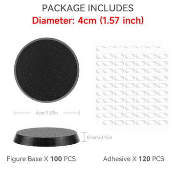 Titawu 100Pcs Miniature Bases+120Pcs Adhesive, 40Mm/1.57Inch Textured Plastic Black Round Model Base For Gaming Miniatures Or Wa