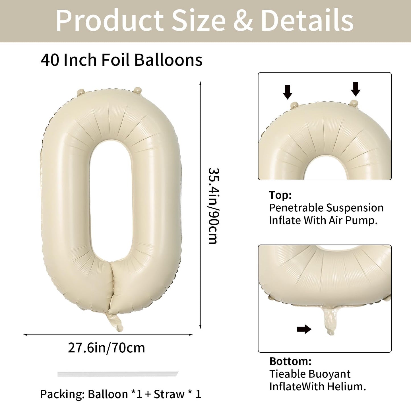 Biapian 40 Inch Letter O Balloons, Giant Cream O Foil Balloon, Big Single Alphabet A-Z Balloons, Beige Large Aluminum O Balloons