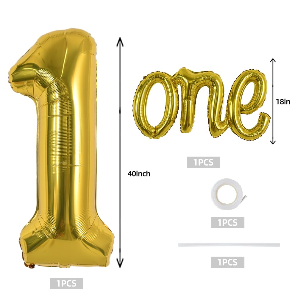 TONIFUL 40 Inch Giant Gold Number 1 Balloon,Mylar Foil Script Cursive Letter 1 Balloon Banner for Boys Girls Kids First Birthday